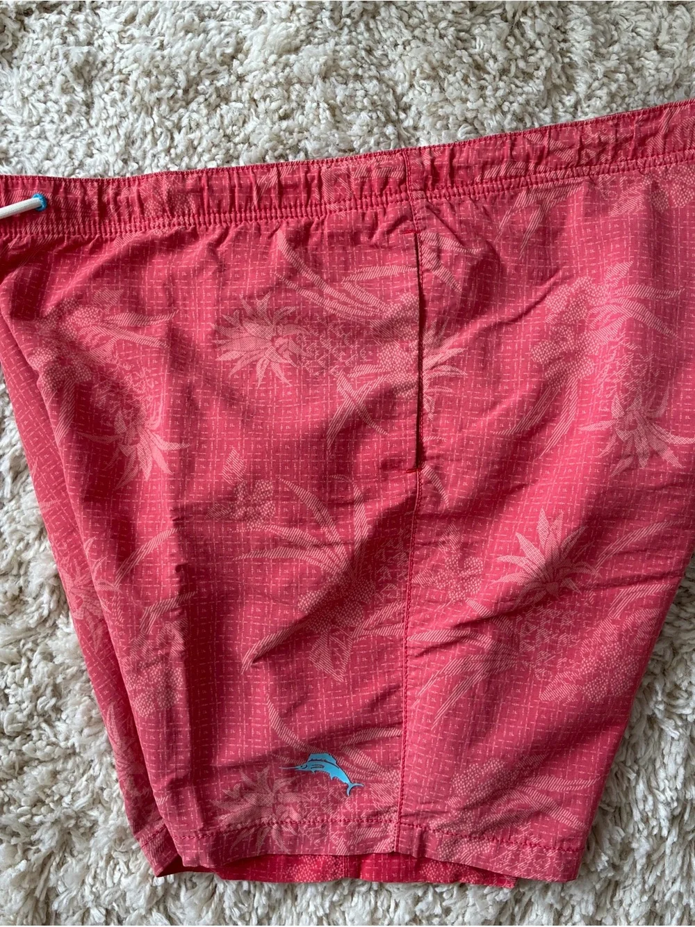 Tommy Bahama Coral Tropical-Print Swim Trunks with White Drawstring